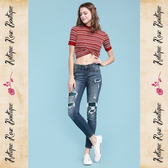 Judy Blue Green/Blue Plaid Patch Skinny Jeans - Picture 7 of 8